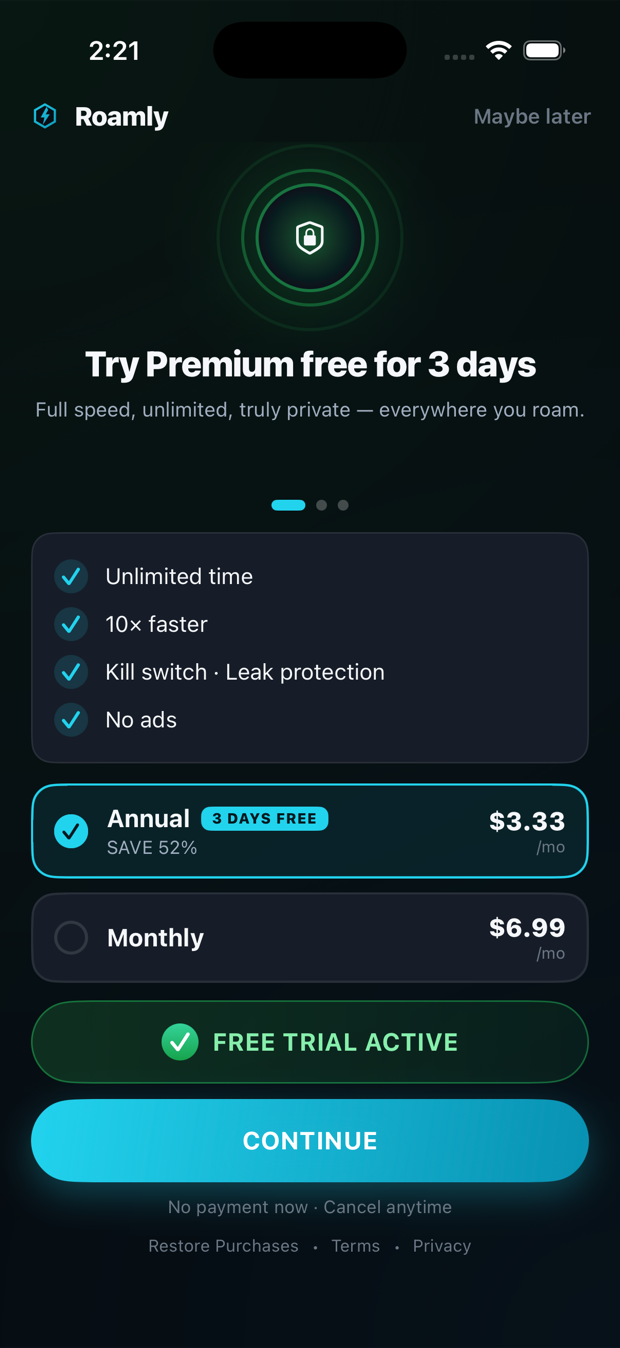 Roamly VPN iOS app — 3-day free trial then simple pricing